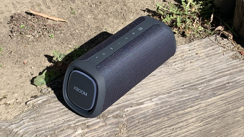 The black LG XBoom Go can play music for up to 24 hours.